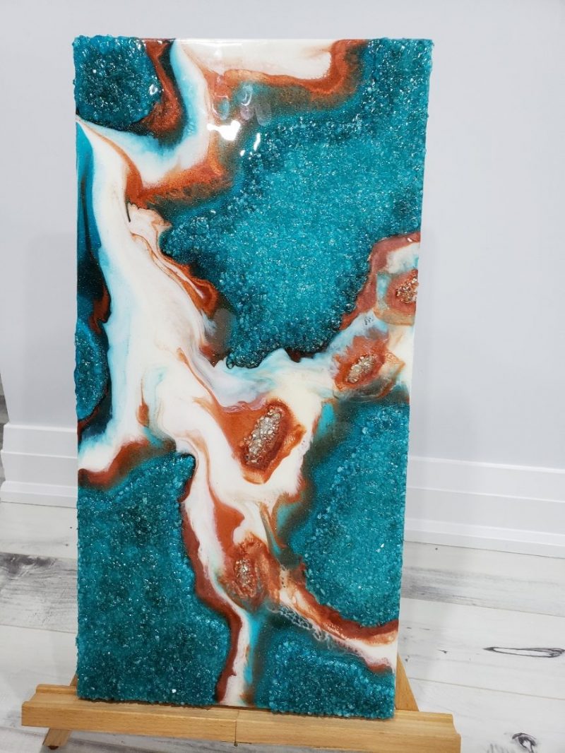 Long Teal & Bronze Resin Geode Wall Artwork With Lots Of Texture    $240 - Image 2