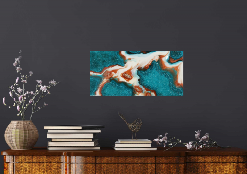 Long Teal & Bronze Resin Geode Wall Artwork With Lots Of Texture    $240 - Image 7